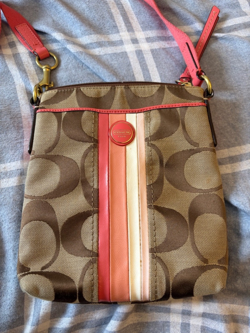Coach Brown Signature Crossbody with Pink and Cream Stripe Detail